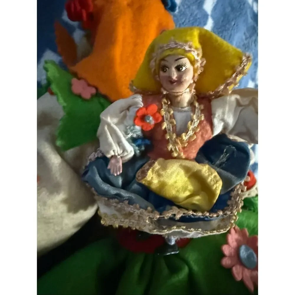 Vintage Lucianda Argentina Folk Art Doll Floral Felt Dress Handmade Souvenir